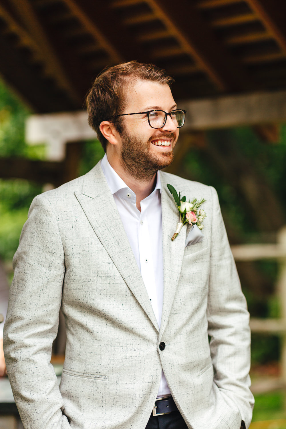 Groom Suit Grey Jacket Glasses Open Collar Millbridge Court Wedding Kirsty Mackenzie Photography