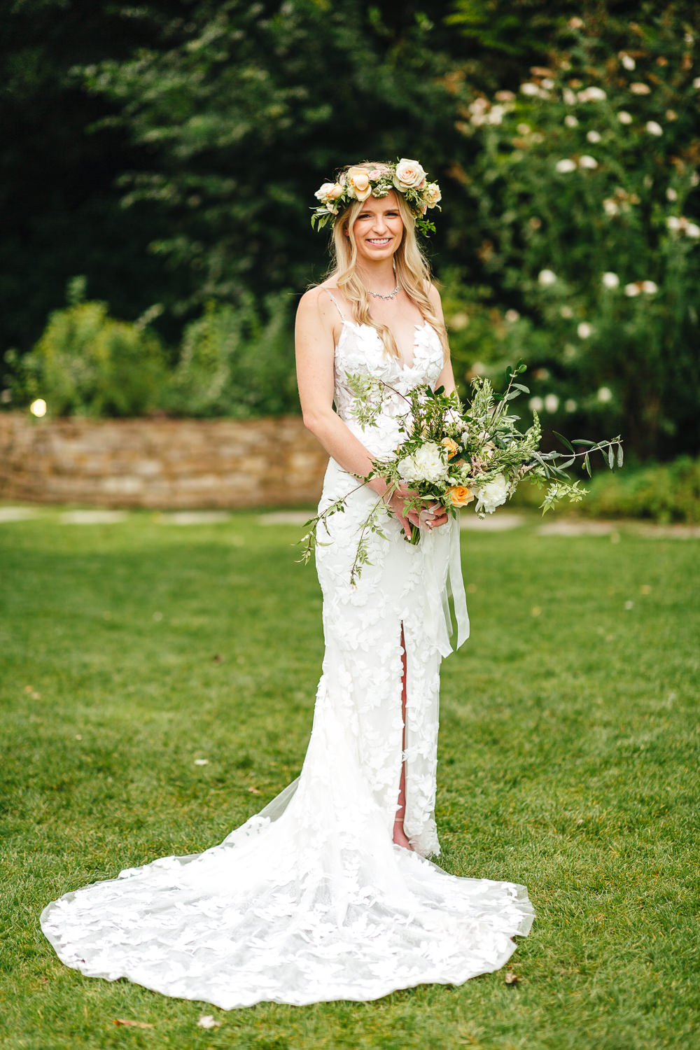 Dress Gown Bride Bridal Enzoani Lace Fit Flare Split Veil Flower Crown Millbridge Court Wedding Kirsty Mackenzie Photography