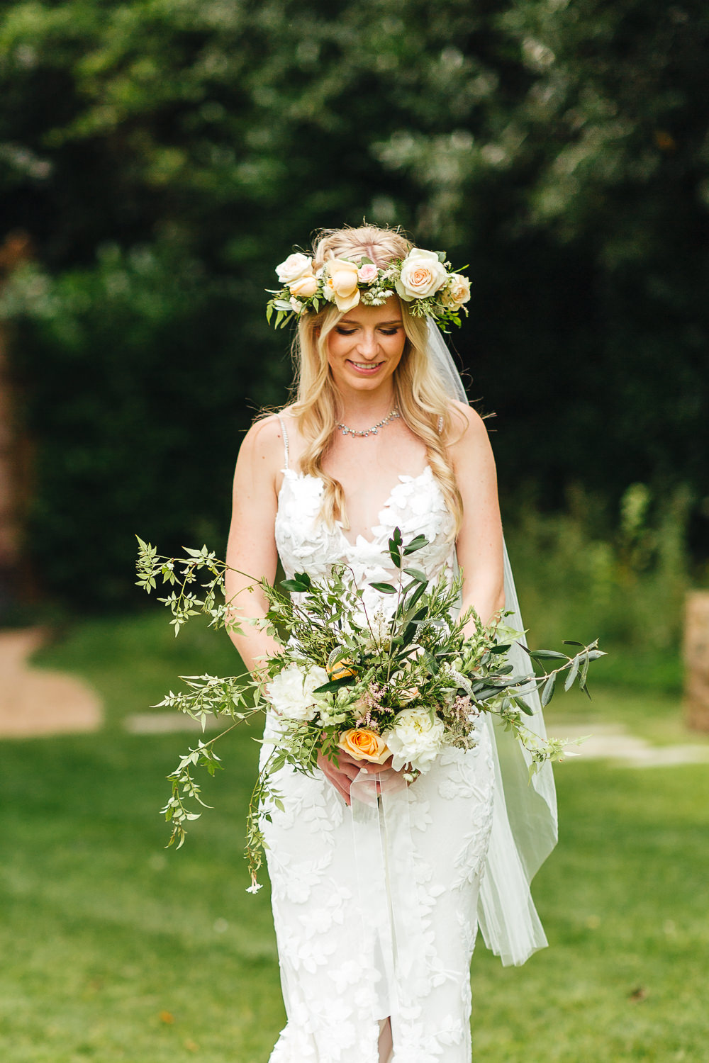 Bride Bridal Bouquet Flowers Coral Rose Peony Greenery Foliage Millbridge Court Wedding Kirsty Mackenzie Photography