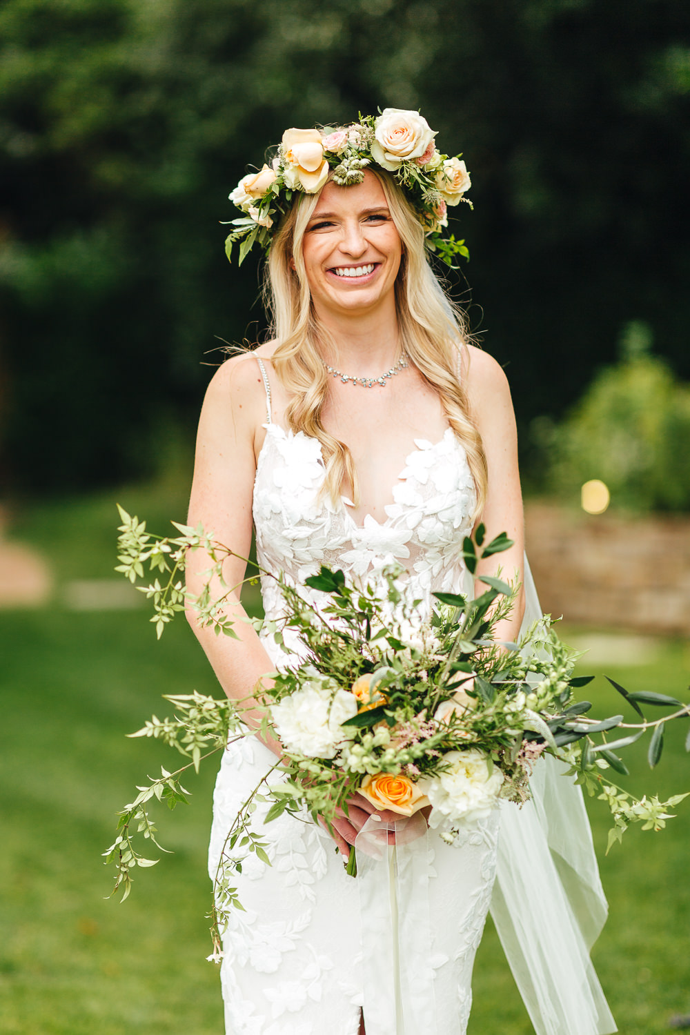 Dress Gown Bride Bridal Enzoani Lace Fit Flare Split Veil Flower Crown Millbridge Court Wedding Kirsty Mackenzie Photography