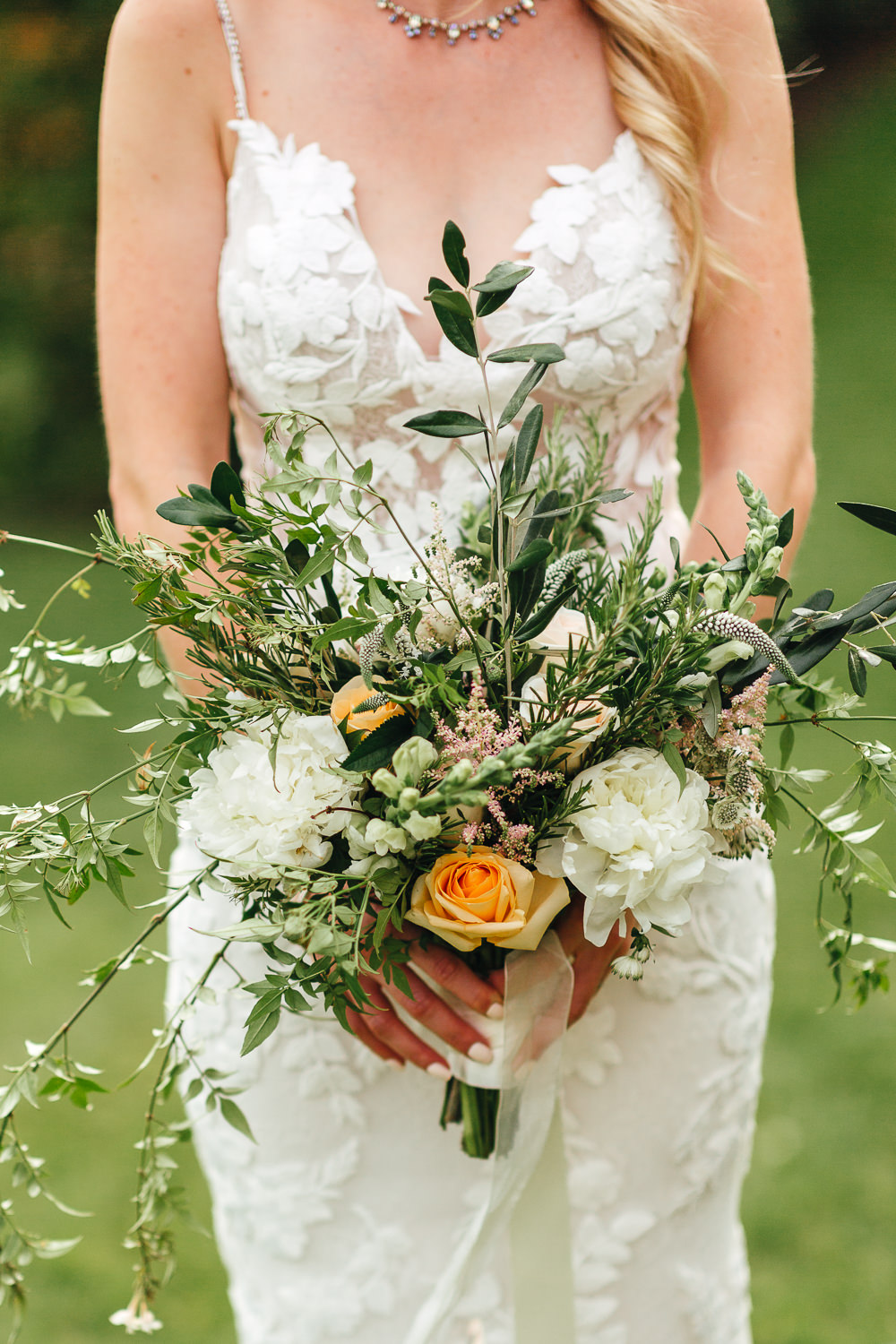 Bride Bridal Bouquet Flowers Coral Rose Peony Greenery Foliage Millbridge Court Wedding Kirsty Mackenzie Photography