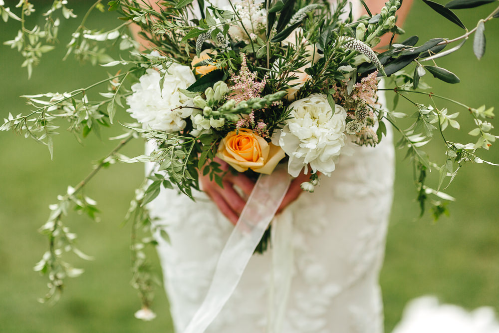 Bride Bridal Bouquet Flowers Coral Rose Peony Greenery Foliage Millbridge Court Wedding Kirsty Mackenzie Photography