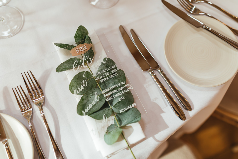 Perspex Acrylic Place Name Menu Eucalyptus Place Setting Millbridge Court Wedding Kirsty Mackenzie Photography