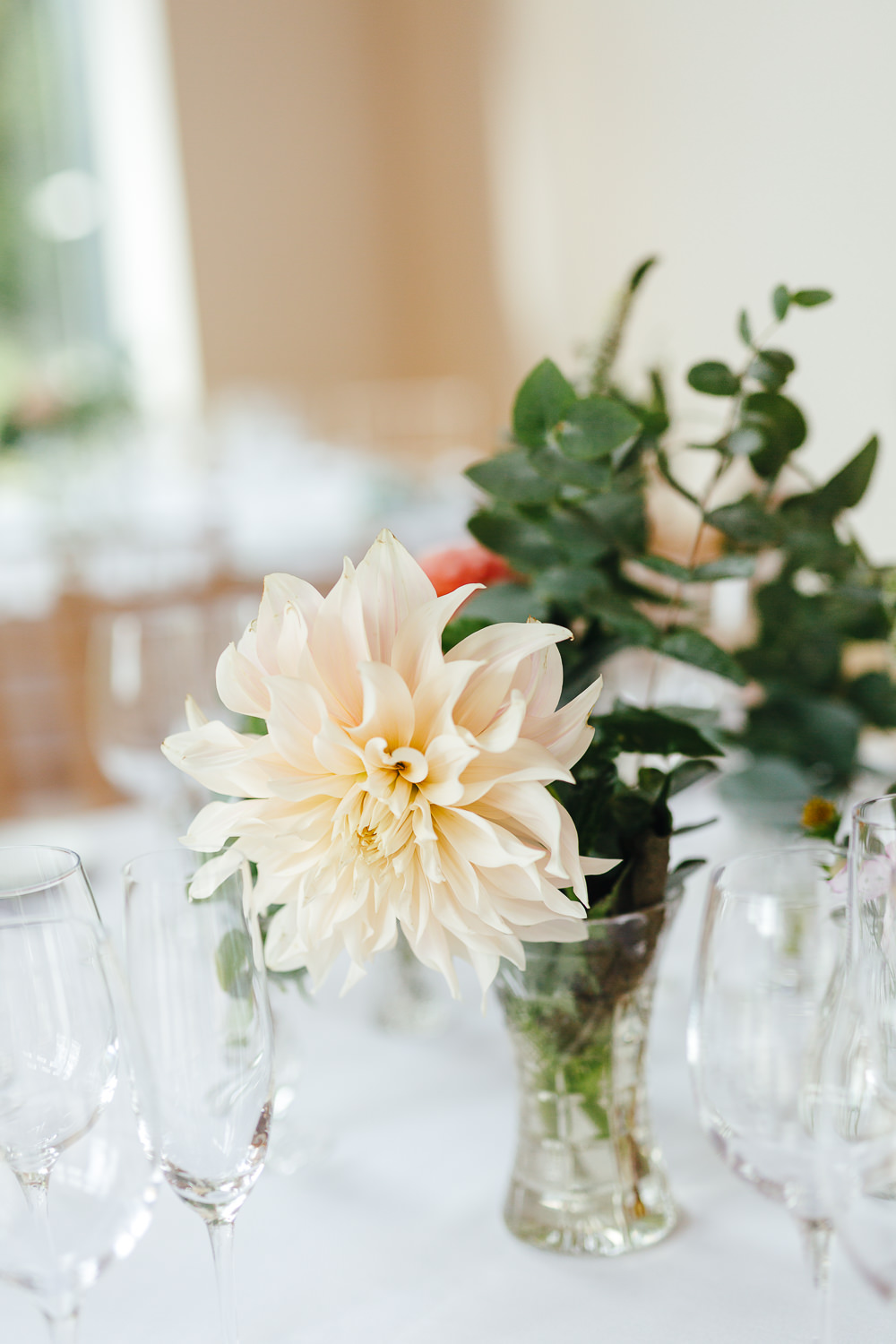 Centrepiece Flowers Vase Natural Pretty Dahlia Cafe Au Lait Millbridge Court Wedding Kirsty Mackenzie Photography
