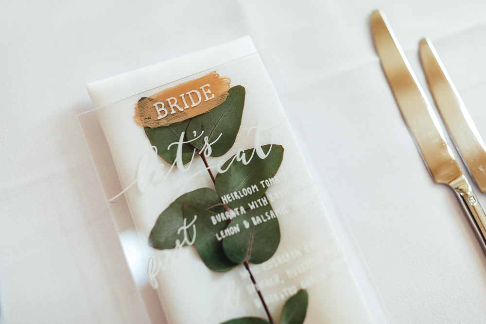 Perspex Acrylic Place Name Menu Eucalyptus Place Setting Millbridge Court Wedding Kirsty Mackenzie Photography