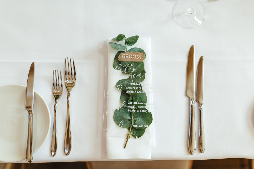 Perspex Acrylic Place Name Menu Eucalyptus Place Setting Millbridge Court Wedding Kirsty Mackenzie Photography