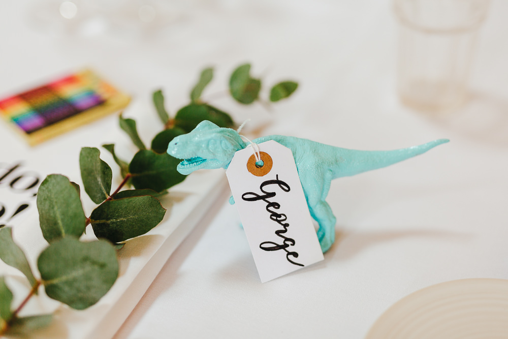 Dinosaur Place Name Tag Millbridge Court Wedding Kirsty Mackenzie Photography