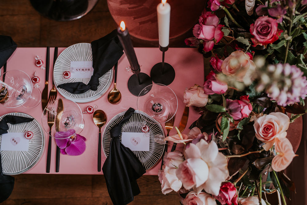 Tablescape Decor Decorations Black Candles Flowers Gold Cutlery Modern Pink Wedding Ideas Aurora Grey Photography