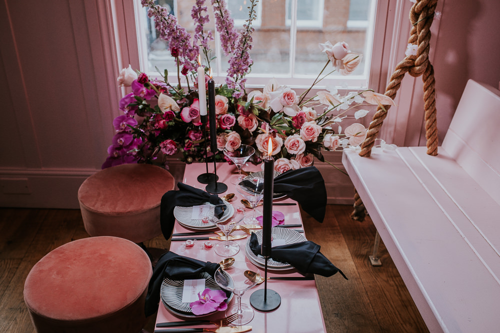 Tablescape Decor Decorations Black Candles Flowers Gold Cutlery Modern Pink Wedding Ideas Aurora Grey Photography
