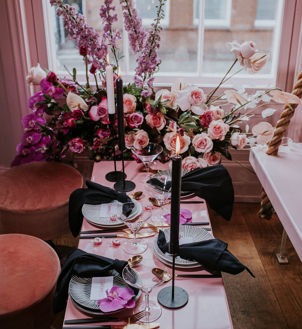 Tablescape Decor Decorations Black Candles Flowers Gold Cutlery Modern Pink Wedding Ideas Aurora Grey Photography