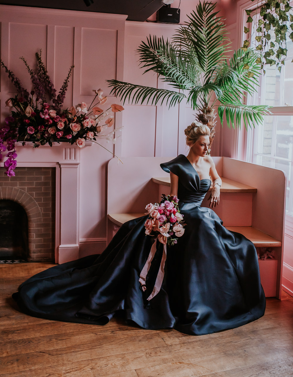 Black Dress Bride Bridal Gown Asymmetrical Modern Pink Wedding Ideas Aurora Grey Photography