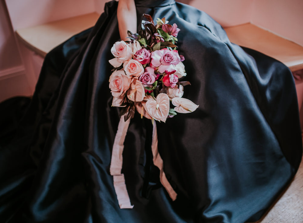 Bouquet Flowers Bride Bridal Flamingo Flower Lily Rose Ribbon Modern Pink Wedding Ideas Aurora Grey Photography