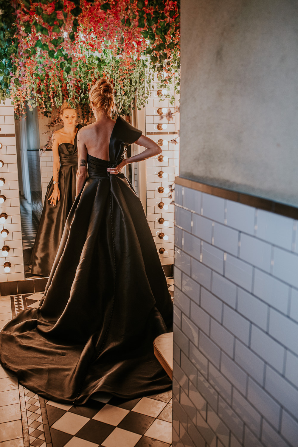Black Dress Bride Bridal Gown Asymmetrical Modern Pink Wedding Ideas Aurora Grey Photography