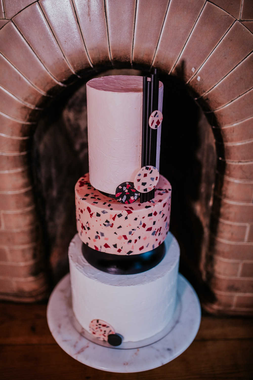 Terrazzo Cake Black Cool Edgy Modern Pink Wedding Ideas Aurora Grey Photography