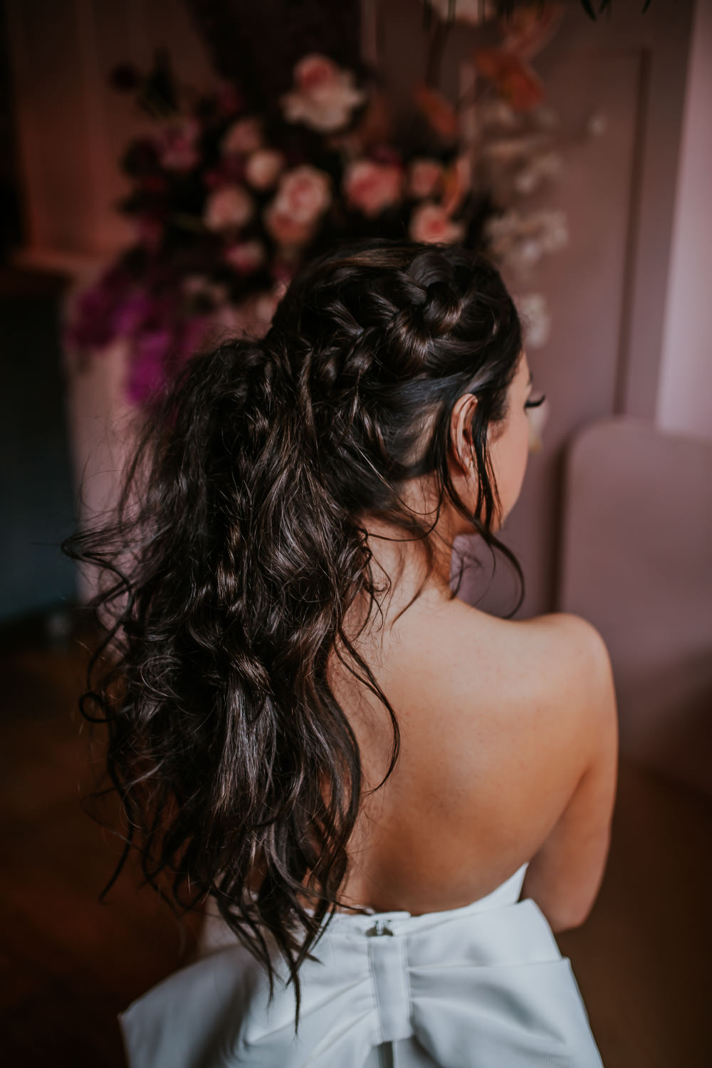 Bride Bridal Hair Style Up Do Pony Tail Plaits Braids Modern Pink Wedding Ideas Aurora Grey Photography