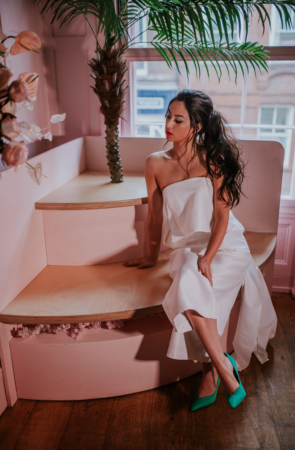 Bride Bridal Jumpsuit Trousers Cool Bow Edgy Modern Pink Wedding Ideas Aurora Grey Photography