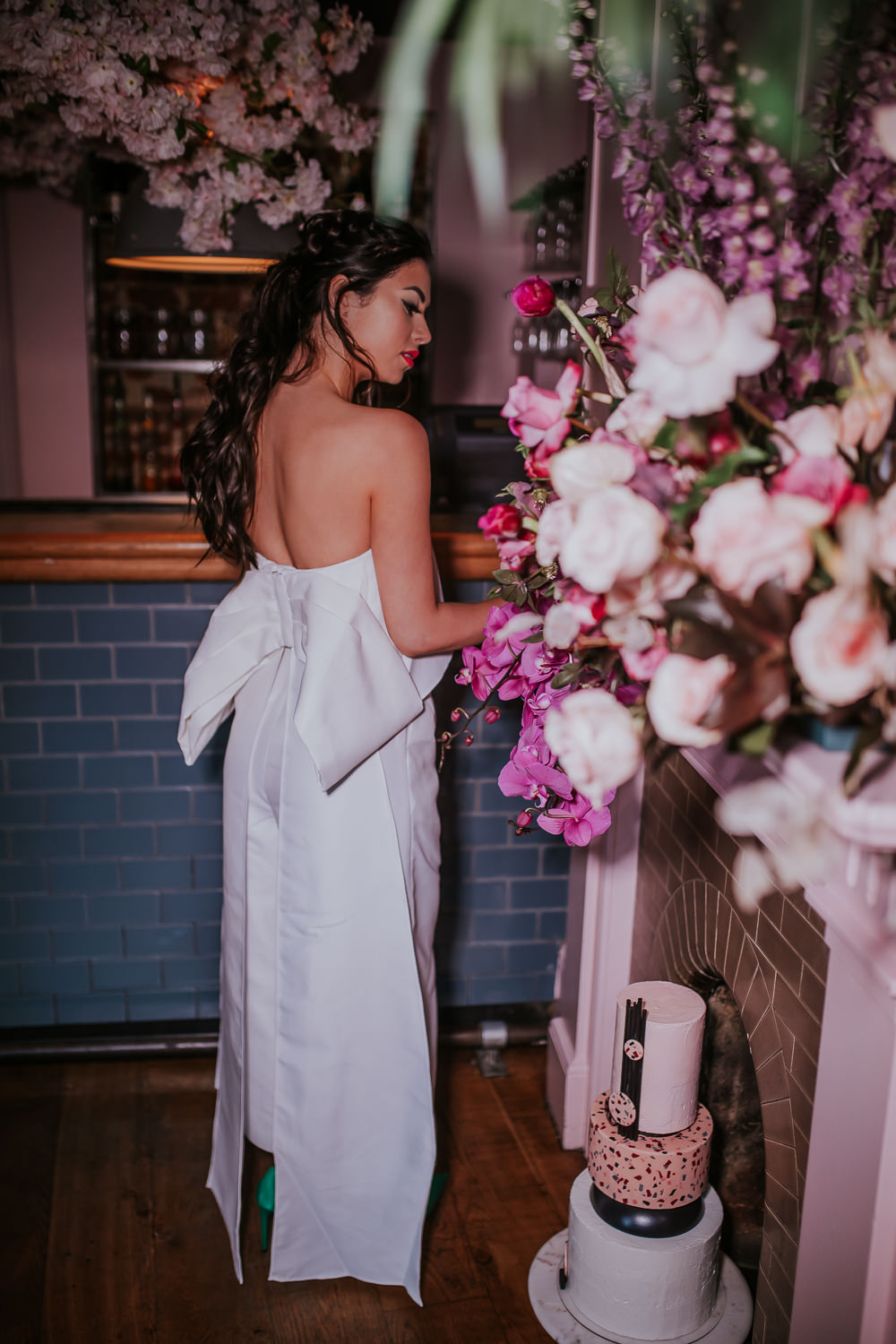 Bride Bridal Jumpsuit Trousers Cool Bow Edgy Modern Pink Wedding Ideas Aurora Grey Photography