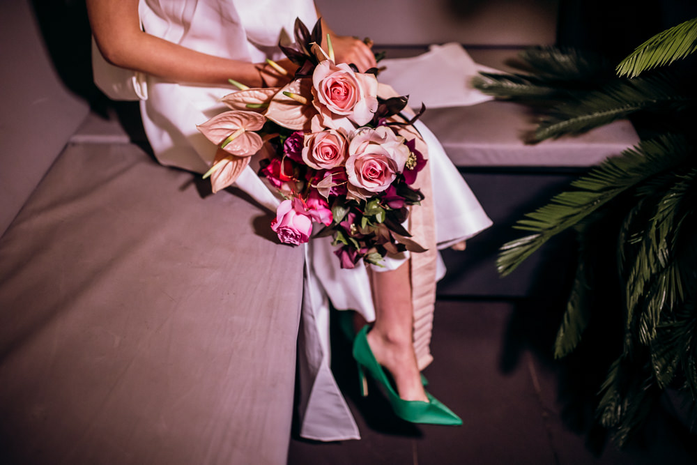Bouquet Flowers Bride Bridal Flamingo Flower Lily Rose Ribbon Modern Pink Wedding Ideas Aurora Grey Photography