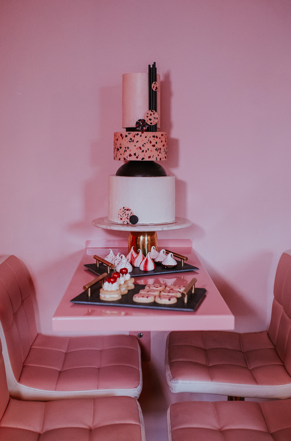Terrazzo Cake Black Cool Edgy Dessert Table Modern Pink Wedding Ideas Aurora Grey Photography