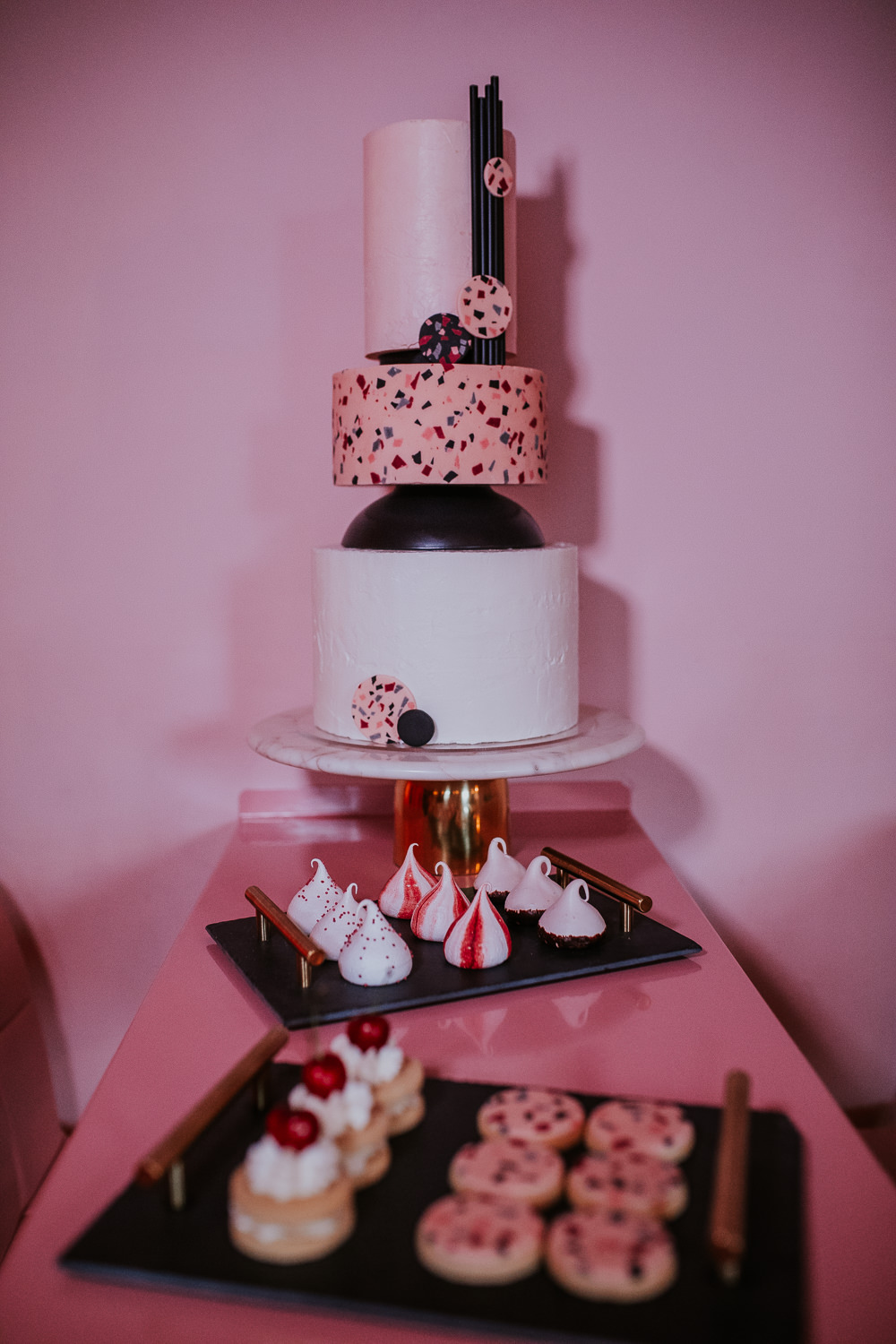 Terrazzo Cake Black Cool Edgy Dessert Table Modern Pink Wedding Ideas Aurora Grey Photography