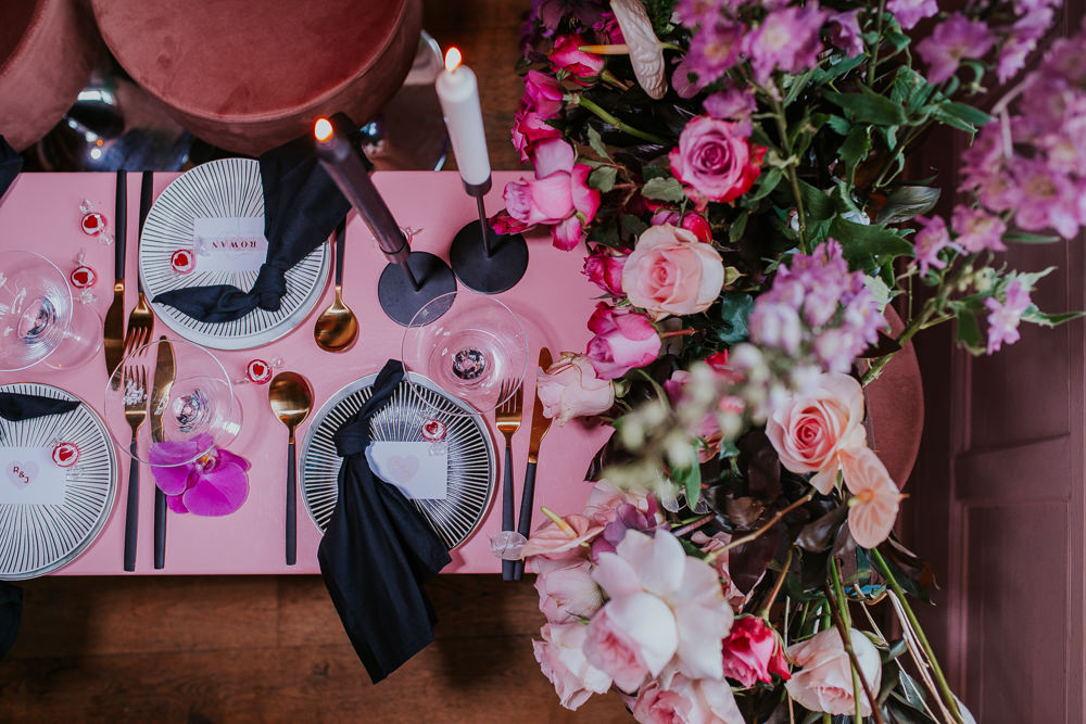 Tablescape Decor Decorations Black Candles Flowers Gold Cutlery Modern Pink Wedding Ideas Aurora Grey Photography