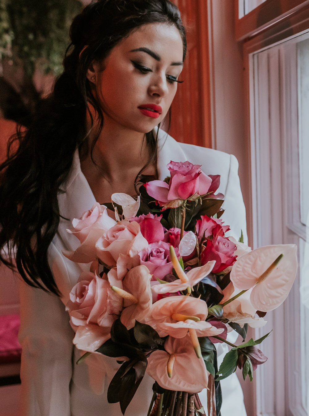 Bouquet Flowers Bride Bridal Flamingo Flower Lily Rose Ribbon Modern Pink Wedding Ideas Aurora Grey Photography