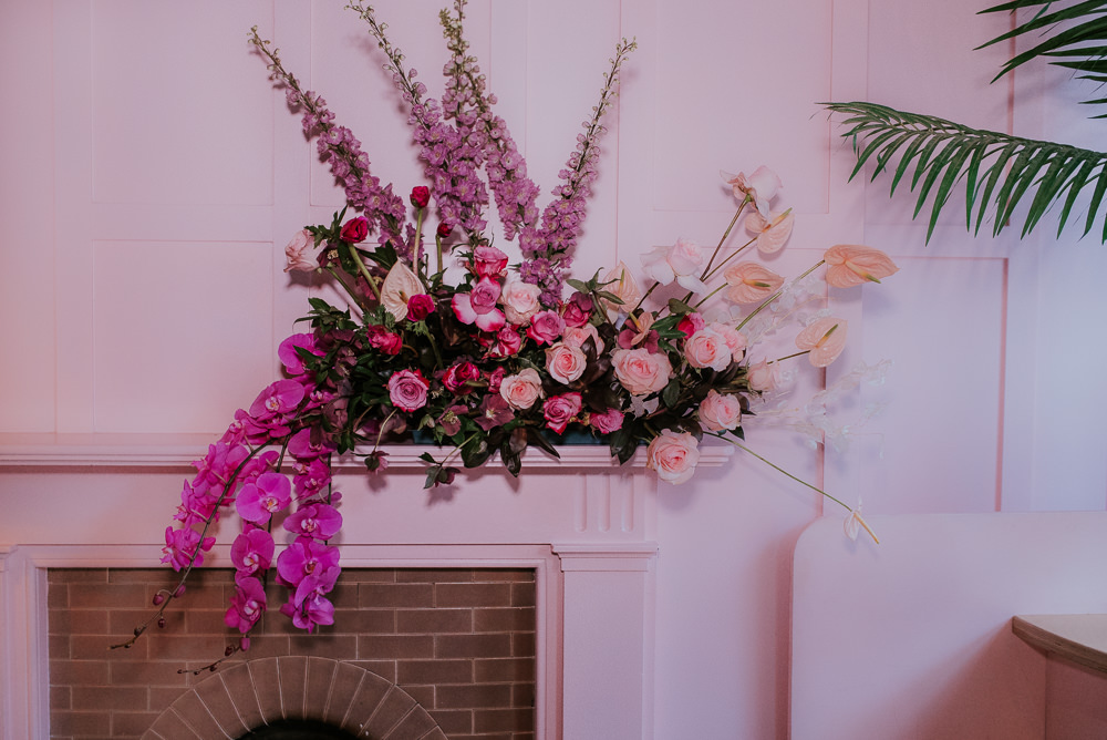Orchid Flowers Flamingo Flower Lily Rose Ribbon Modern Pink Wedding Ideas Aurora Grey Photography