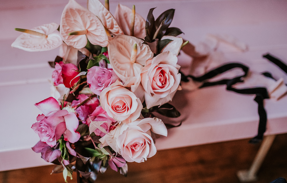 Bouquet Flowers Bride Bridal Flamingo Flower Lily Rose Ribbon Modern Pink Wedding Ideas Aurora Grey Photography