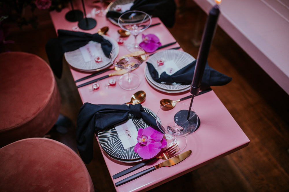 Tablescape Decor Decorations Black Candles Flowers Gold Cutlery Modern Pink Wedding Ideas Aurora Grey Photography