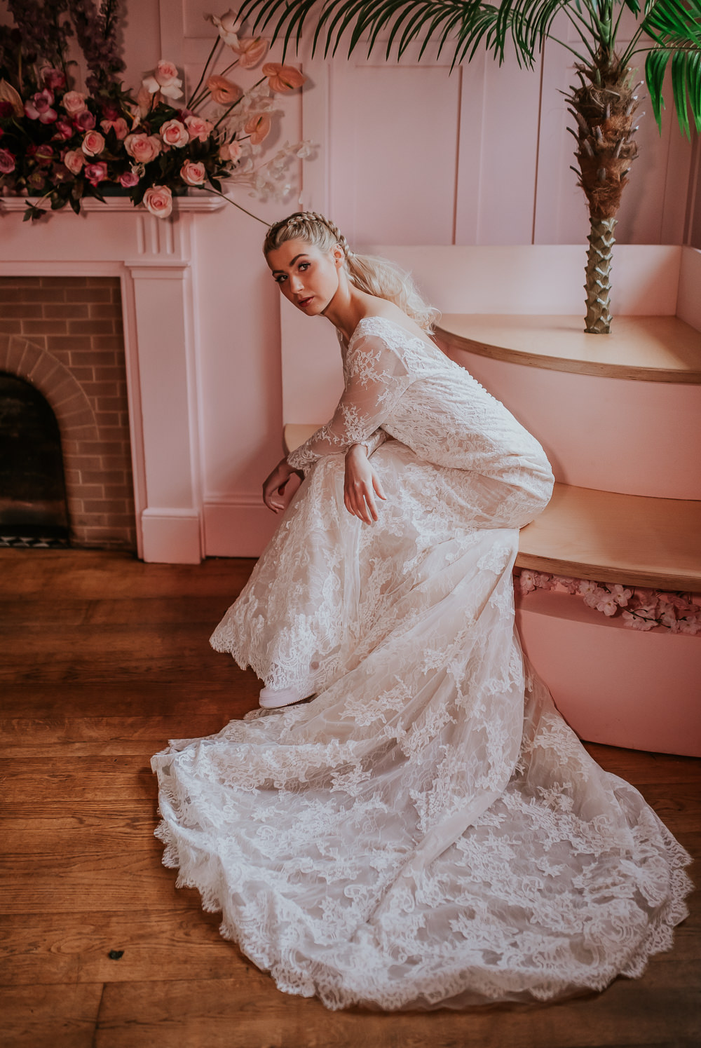 Bride Bridal Dress Gown Lace Fit Flare Lace Sleeves Modern Pink Wedding Ideas Aurora Grey Photography