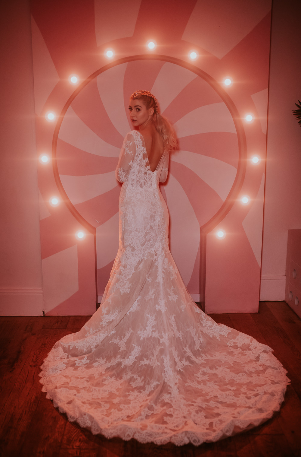 Bride Bridal Dress Gown Lace Fit Flare Lace Sleeves Modern Pink Wedding Ideas Aurora Grey Photography