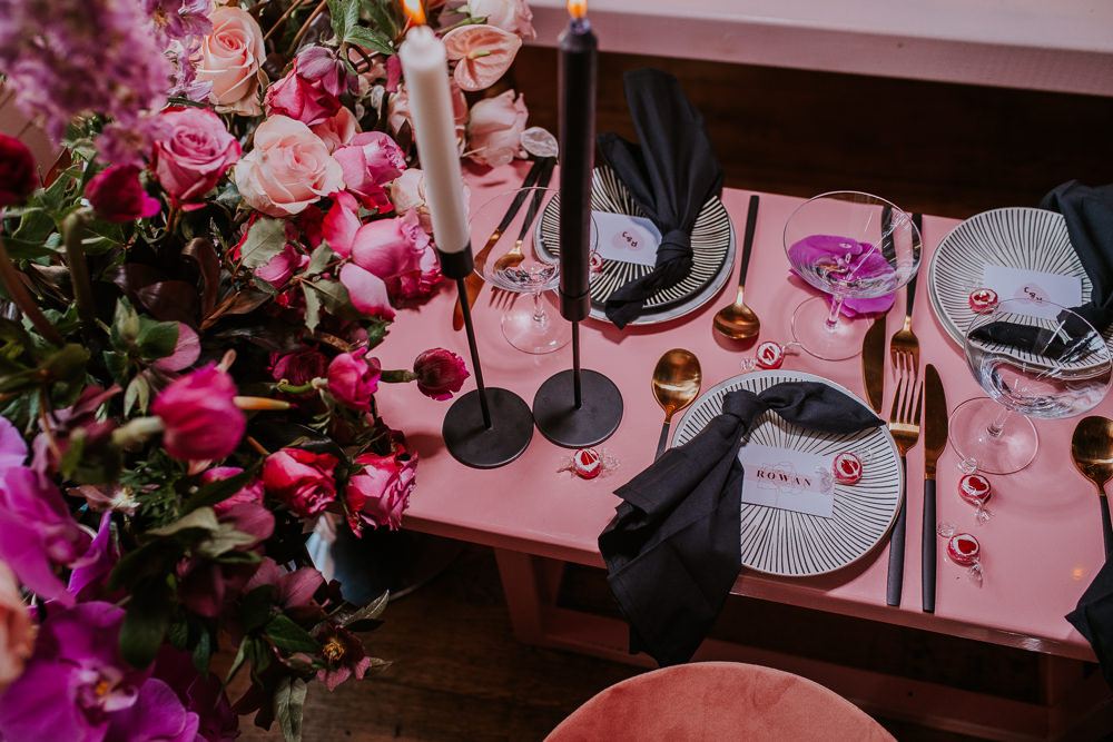 Tablescape Decor Decorations Black Candles Flowers Gold Cutlery Modern Pink Wedding Ideas Aurora Grey Photography