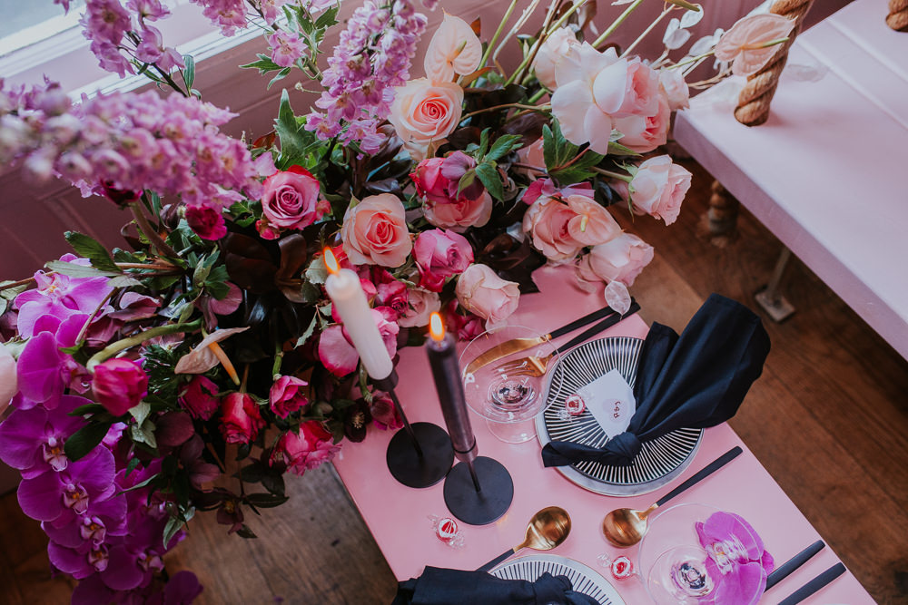 Tablescape Decor Decorations Black Candles Flowers Gold Cutlery Modern Pink Wedding Ideas Aurora Grey Photography