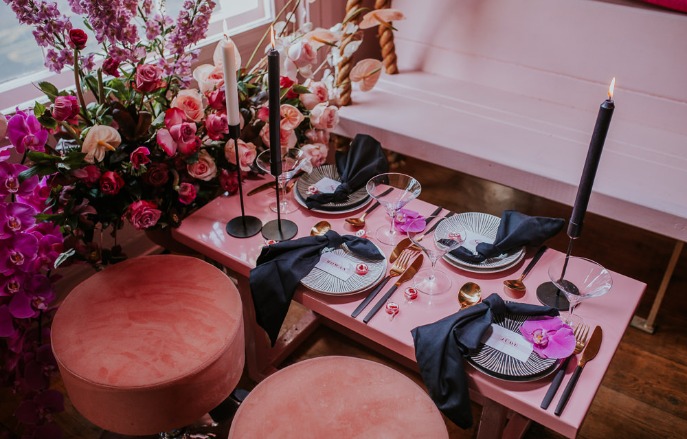 Tablescape Decor Decorations Black Candles Flowers Gold Cutlery Modern Pink Wedding Ideas Aurora Grey Photography