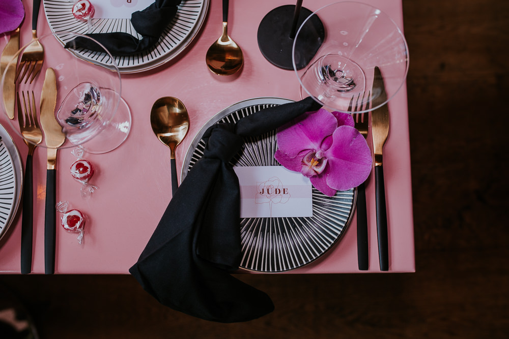 Tablescape Decor Decorations Black Candles Flowers Gold Cutlery Place Setting Napkin Modern Pink Wedding Ideas Aurora Grey Photography