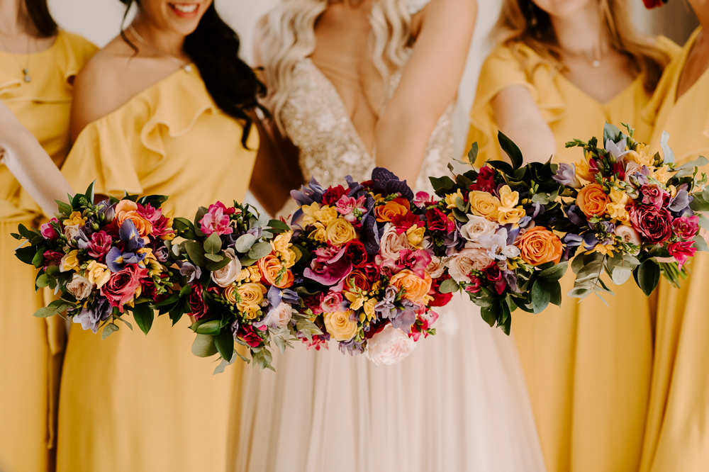 Bride Bridal Bridesmaids Bouquet Flowers Colourful Santorini Wedding Phosart Photography