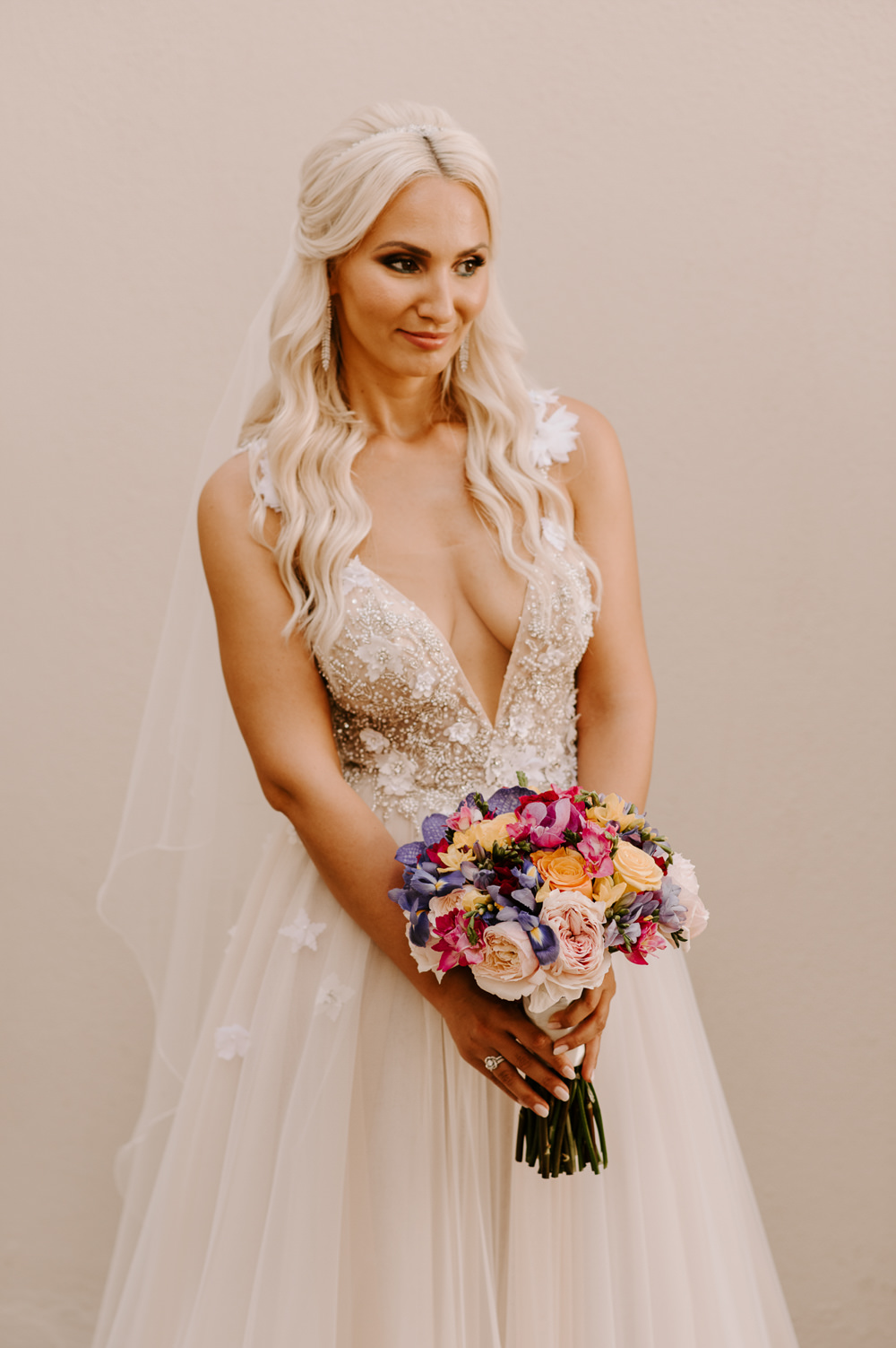 Bride Bridal Dress Gown Muse by Berta Lace Tulle Veil Santorini Wedding Phosart Photography