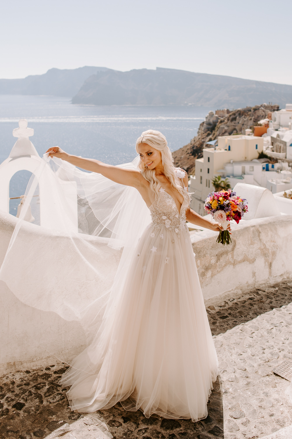 Bride Bridal Dress Gown Muse by Berta Lace Tulle Veil Santorini Wedding Phosart Photography