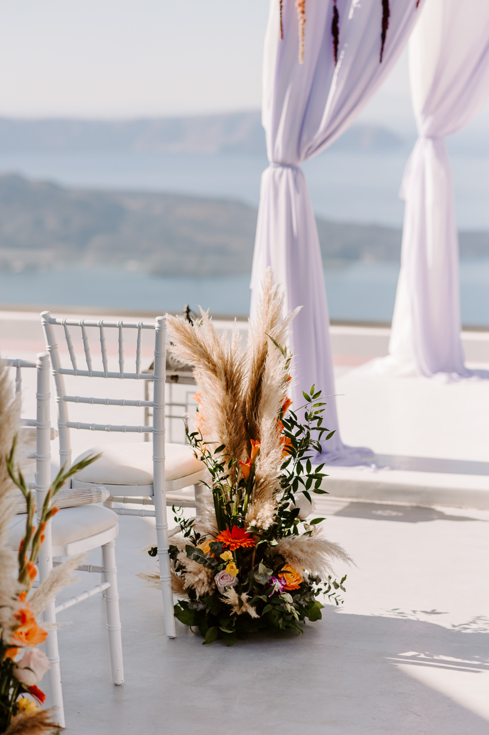 Ceremony Aisle Flowers Pampas Grass Rose Colourful Santorini Wedding Phosart Photography