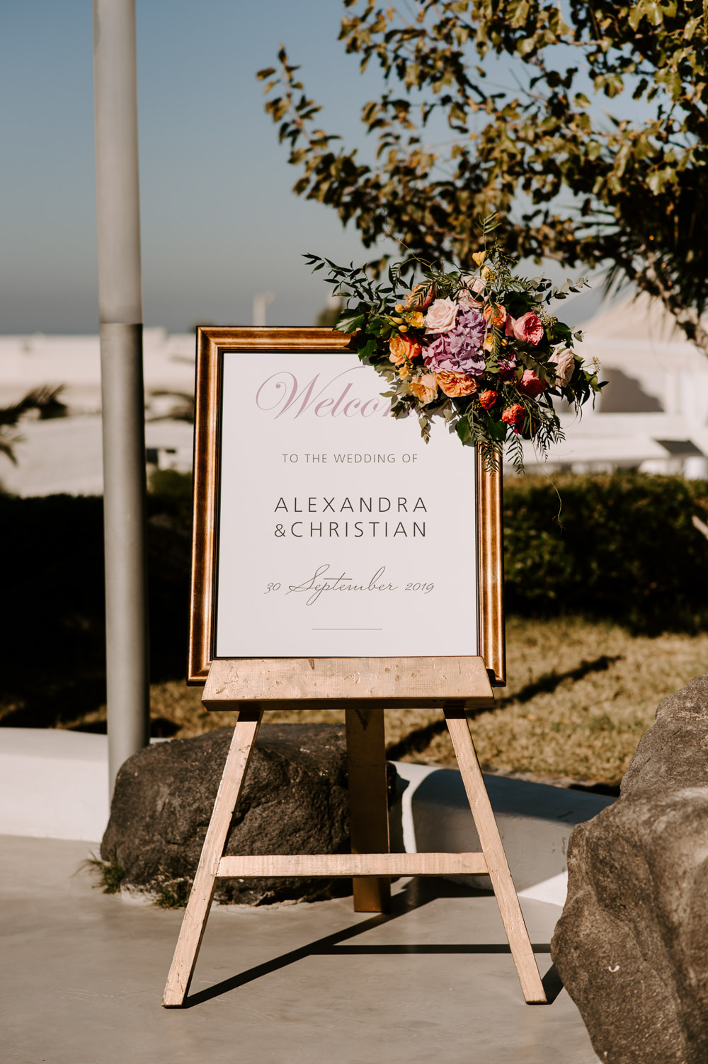 Welcome Sign Signs Signage Flowers Santorini Wedding Phosart Photography