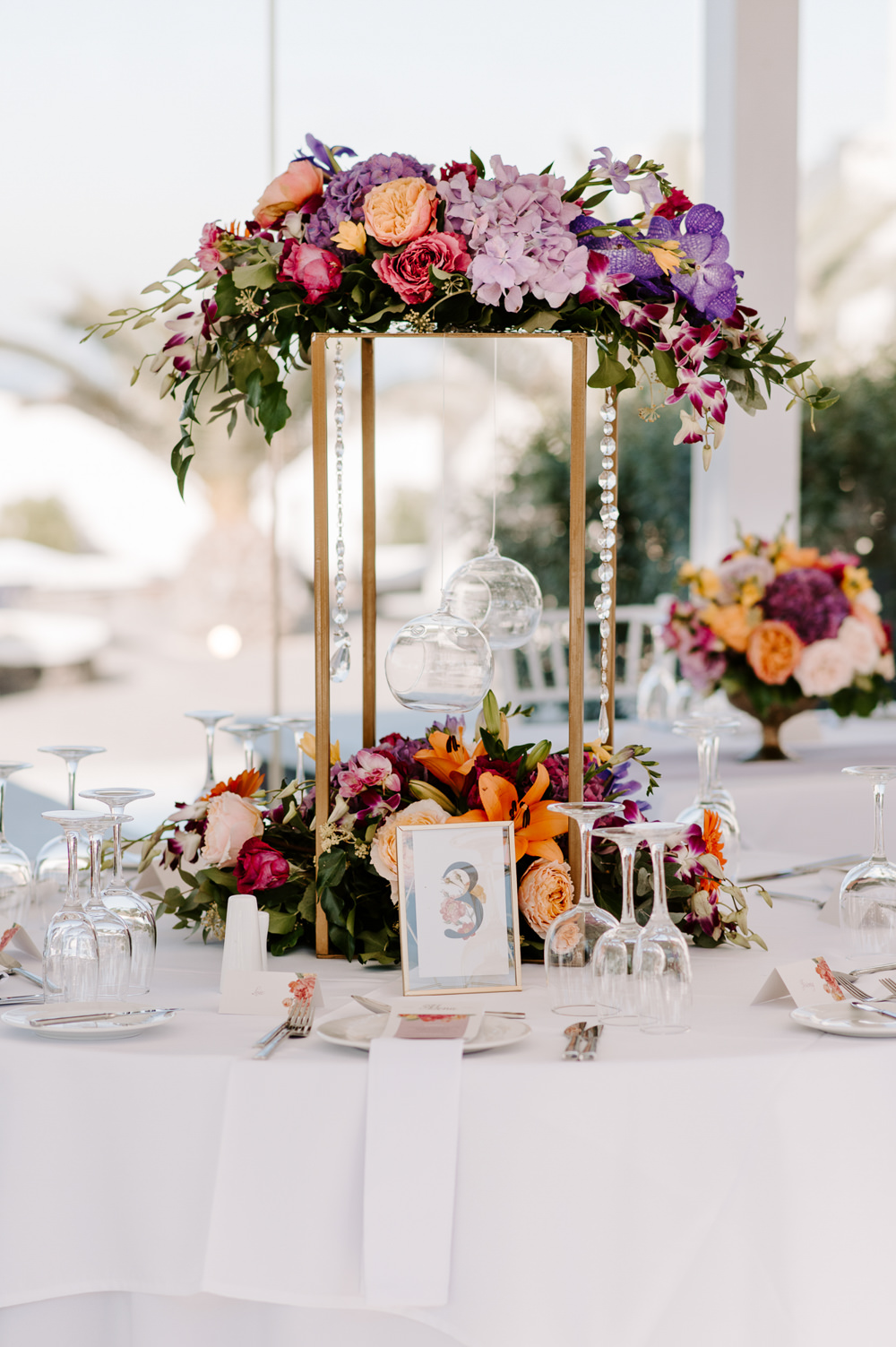 Table Flowers Centrepiece Colourful Tall Candles Decor Santorini Wedding Phosart Photography