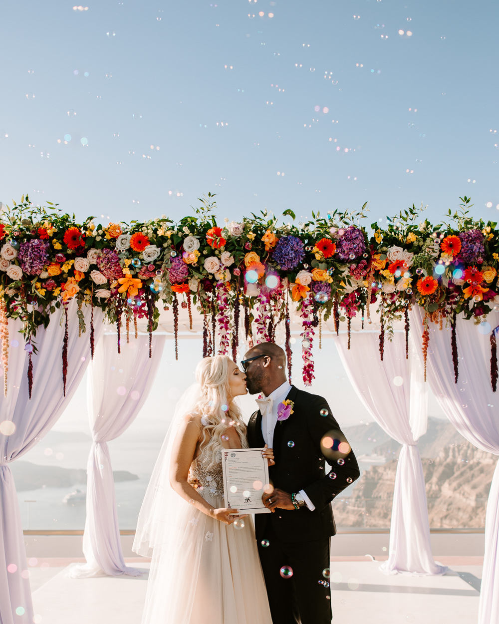 Ceremony Backdrop Aisle Flower Arch Pampas Grass Rose Colourful Santorini Wedding Phosart Photography