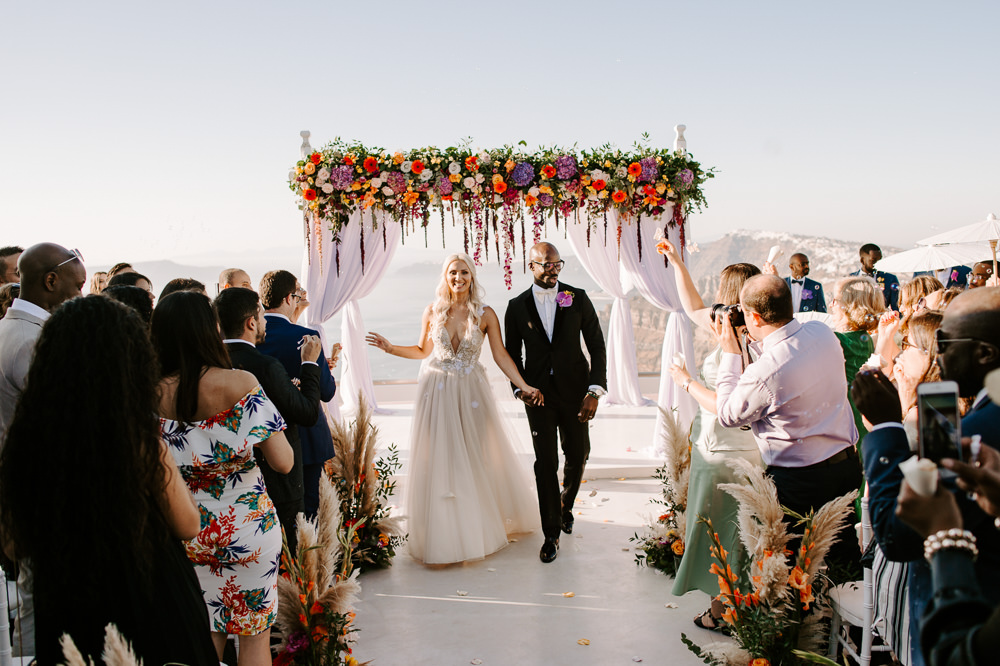 Ceremony Backdrop Aisle Flower Arch Pampas Grass Rose Colourful Santorini Wedding Phosart Photography