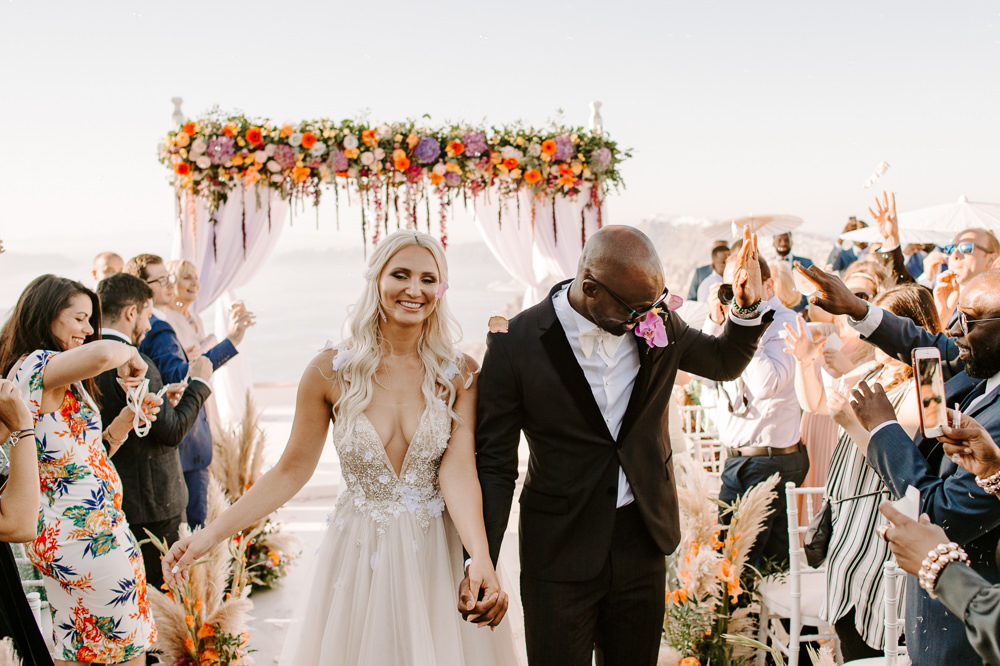 Ceremony Backdrop Aisle Flower Arch Pampas Grass Rose Colourful Santorini Wedding Phosart Photography