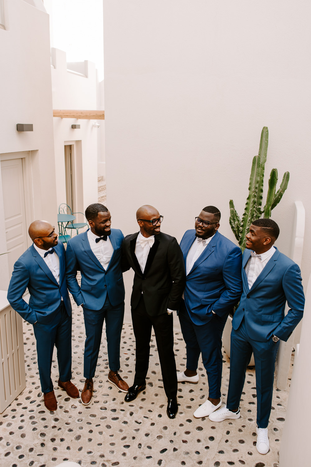 Groom Groomsmen Black Suit Tux Tuxedo Bow Tie Santorini Wedding Phosart Photography