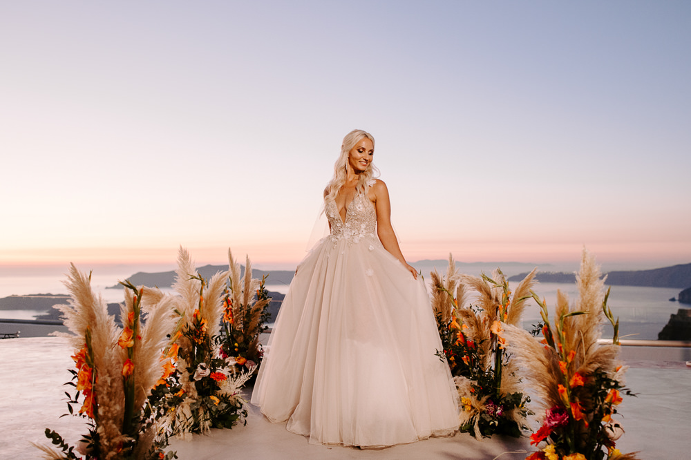 Aisle Ceremony Flowers Pampas Grass Bride Bridal Dress Gown Muse by Berta Lace Tulle Veil Santorini Wedding Phosart Photography