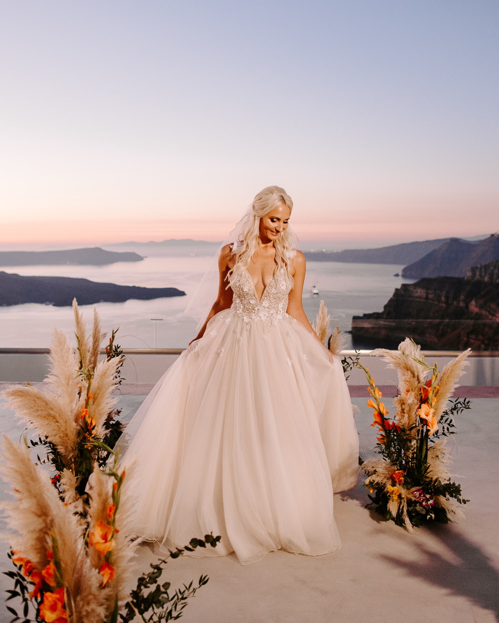 Aisle Ceremony Flowers Pampas Grass Bride Bridal Dress Gown Muse by Berta Lace Tulle Veil Santorini Wedding Phosart Photography