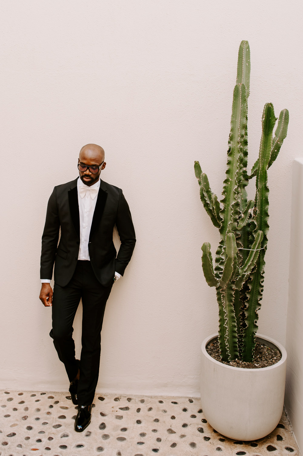 Groom Black Suit Tux Tuxedo Bow Tie Santorini Wedding Phosart Photography
