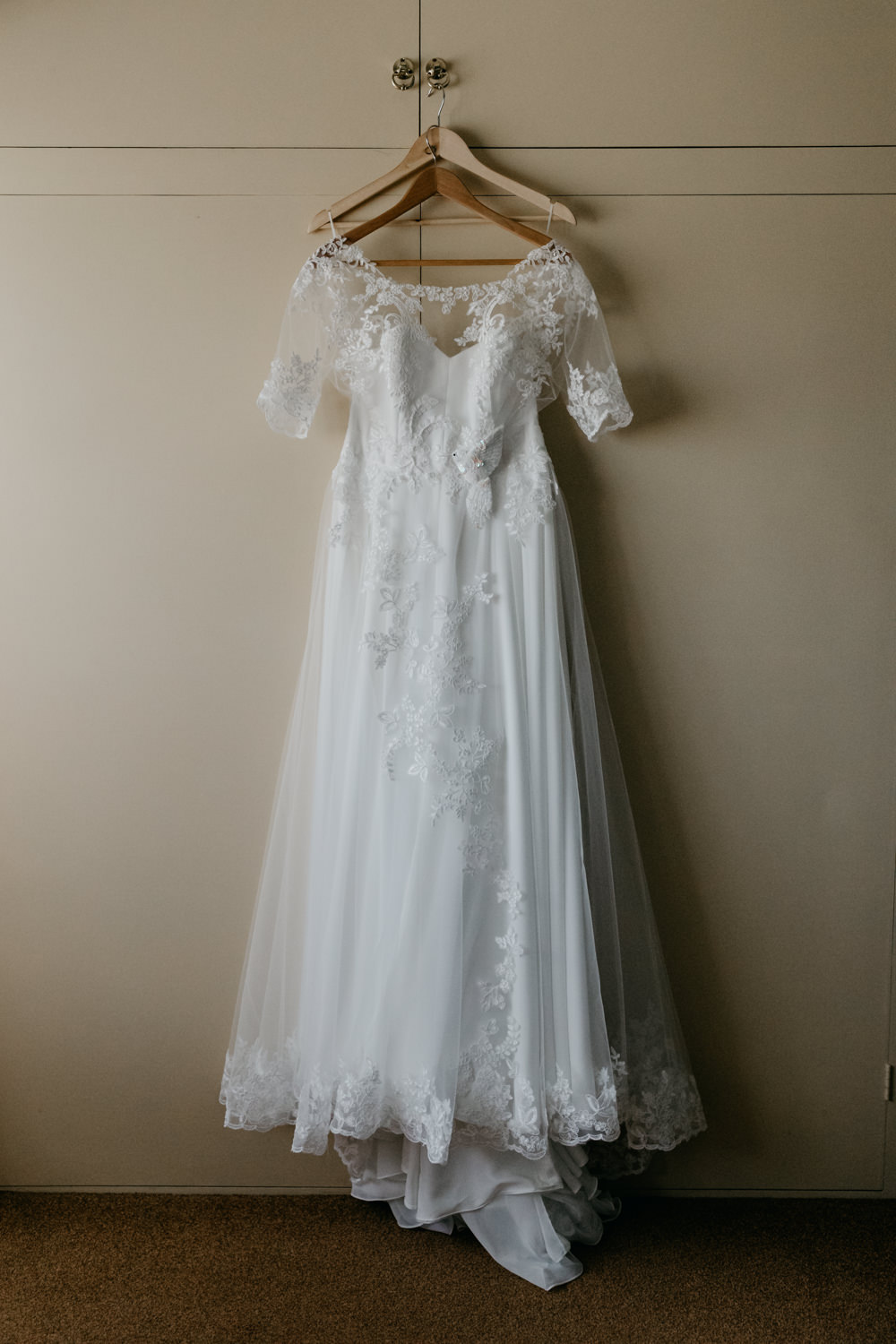 Dress Gown Bride Bridal Lace Short Sleeves Seaside Wedding Oli and Steph Photography