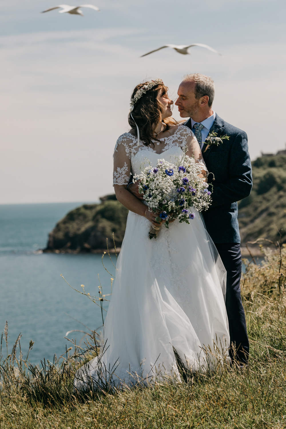 Dress Gown Bride Bridal Lace Short Sleeves Flower Crown Seaside Wedding Oli and Steph Photography